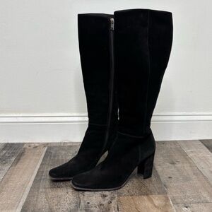 Elegant Suede Black Heeled Boots in good used condition